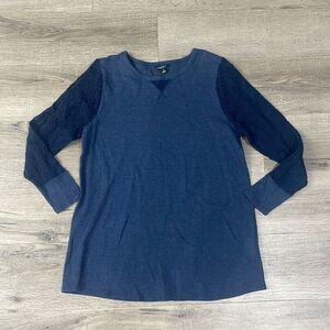Lucky Brand 1X Waffle 3/4 Sleeve Navy Blue Top with Lace Knit Sleeves No Flaws